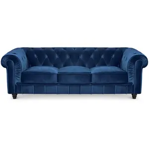 MENZZO Cotecosy - Grand canapé 3 places Chesterfield Velours Bleu pas cher