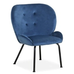 Fauteuil Coco Velours Bleu - MENZZO - Fauteuil confortable - Dossier arrondi - Pieds en métal noir