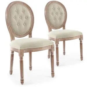 MENZZO Lot De 2 Chaises Médaillon Bois Patiné & Tissu Capitonné Beige VINCI