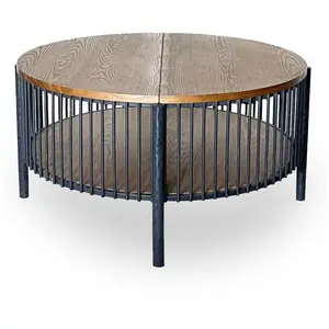 Table basse ronde avec rangement l84cm bois et métal mareté noir pas cher