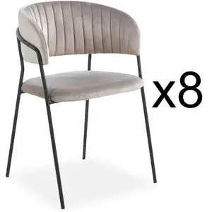 3S. x Home Lot de 8 chaises Tabata Métal Noir et Velours Taupe