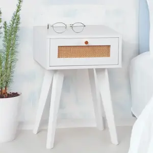 3S. x Home Table de chevet 1 tiroir avec cannage Dalgora Blanc