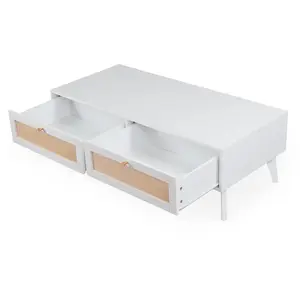 MENZZO Table basse 2 tiroirs avec cannage Dalgora L120cm Blanc