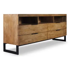Meuble TV - MENZZO - PANARA - Bois d'acacia - Chêne clair - 3 niches - 4 tiroirs pas cher