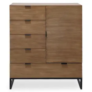 MENZZO Buffet Haut 5 Tiroirs Et 1 Porte Battante Panara Bois Chêne Clair