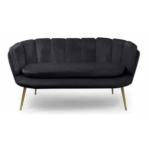MENZZO Canapé 2 places arrondi Brenda Velours Noir pieds Or pas cher