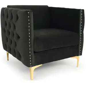 MENZZO Fauteuil velours noir et pieds métal doré Josua pas cher