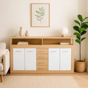 3S. x Home Buffet contemporain 4 portes er 4 tiroirs Lunata Bois sonoma et Blanc