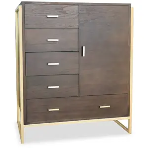 MENZZO Buffet haut 5 tiroirs et 1 porte Edgar L90cm Bois Marron et Métal Or