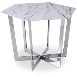 Comparateur de prix : MENZZO Table hexagonale 120cm Zadig Verre Effet marbre blanc et pied M...