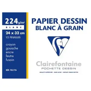 Comparateur de prix : Clairefontaine - Pochette 12 Feuilles Dessin à grain 24x32 224g Blanc