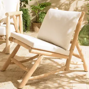 Macabane WILL - Fauteuil lounge en branches de teck naturel coussin blanc WILL pas cher