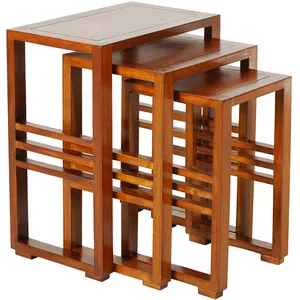 MACABANE Eden - Set de 3 tables gigognes rectangulaires marrons bois Mindi