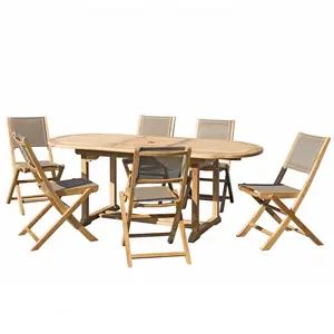Table de jardin et chaises en teck et textilene couleur taupe 6/8 pers