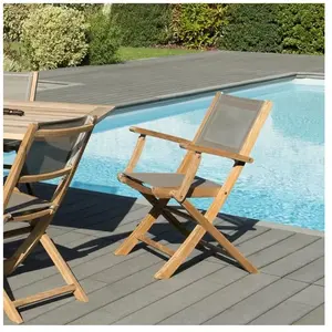 Macabane Lot de 2 fauteuils de jardin pliants teck et textilène taupe pas cher