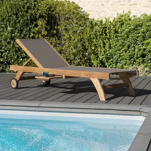 MACABANE Bain de soleil avec roulettes en teck massif et textile pas cher