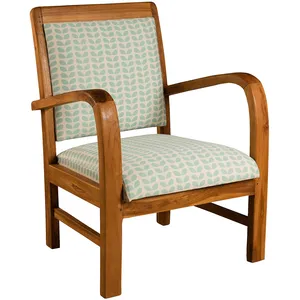 MACABANE ERIS - Fauteuil bois teck scandi tissu bleu clair "pétales" pas cher