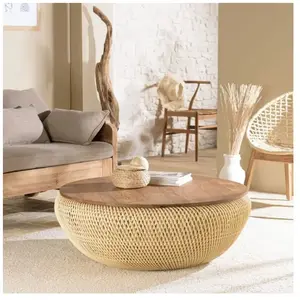 Comparateur de prix : MACABANE Alida - table basse ronde 100x100cm en rotin beige plateau amovible