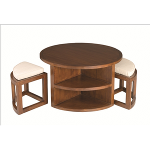 Comparateur de prix : MACABANE Eden - Table basse ronde marron 2 tabourets avec coussins écrus bois Mindi