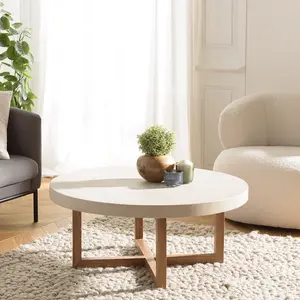 Comparateur de prix : MACABANE Table basse ronde 92x92cm en béton beige pieds croisés en teck D92
