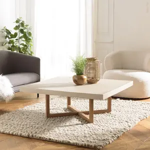 Comparateur de prix : MACABANE Table basse carrée 107x107cm en béton beige pieds croisés en teck