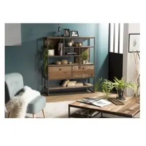 Macabane Etagère 2 tiroirs en teck recyclé acacia mahogany métal et métal noir
