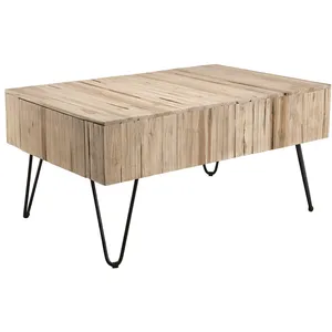 Comparateur de prix : MACABANE Table basse 2 tiroirs plateau en teck pieds épingles métal L90