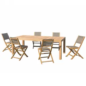 MACABANE Table de jardin et chaises en teck et textilene taupe 6/8 personnes