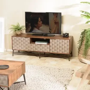 MACABANE Meuble TV en bois de manguier 2 portes 1 tiroir motifs ethniques