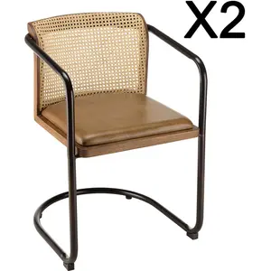 MACABANE MARCEL - Lot de 2 fauteuils manguier assise cuir dossier arro...