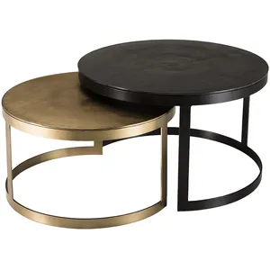 MACABANE 2 tables rondes gigognes aluminium noir doré pieds métal D75 pas cher