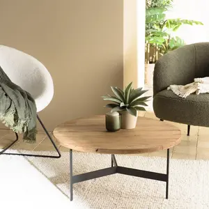 MACABANE DANDY - Table basse ronde 70x70cm bois Pin recyclé et pieds métal noir pas cher