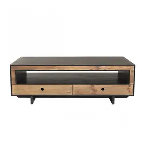 Comparateur de prix : MACABANE Table basse 4 tiroirs 1 niche en pin recyclé naturel et noir L135