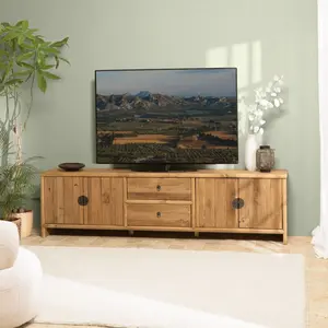 MACABANE Andrian - meuble tv 2 tiroirs 4 portes, longueur 240cm bois pin recycléVendu parnature-et-decouvertes