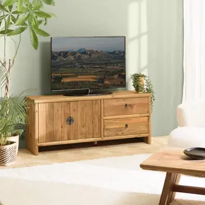 MACABANE Andrian - meuble tv 2 tiroirs 2 portes, longueur 155cm bois pin recyclé