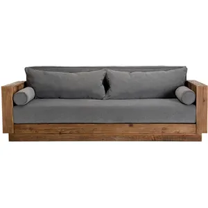 Macabane - andrian - Canapé 3 places bois Pin recyclé marron tissu gris pas cher