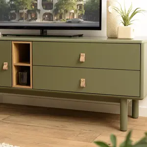 MACABANE ETHAN - Meuble TV vert 1 porte, 2 tiroirs et 2 niches en bois naturel pas cher