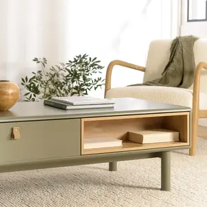 Comparateur de prix : ETHAN - Table basse verte 2 tiroirs et 2 niches en bois naturel