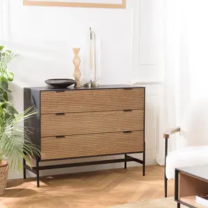 Comparateur de prix : MACABANE Commode marron et noire 3 tiroirs Pin pieds métal noir