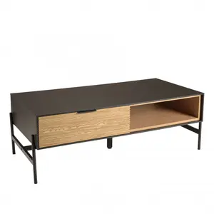 MACABANE Charlie - table basse marron et noire 2 tiroirs 1 niche pin pieds métal pas cher