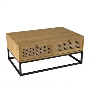 MACABANE Table basse marron 4 tiroirs effet cannage pieds métal noir pas cher