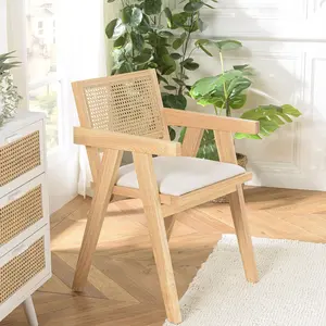 MACABANE Fauteuil bois d Hévéa assise tissu blanc dossier rotin naturel