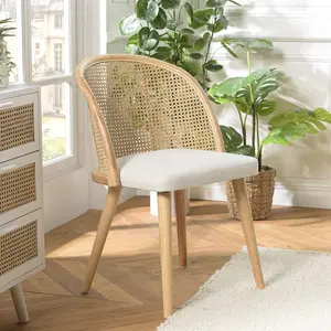 Comparateur de prix : MACABANE Agathe - chaise bois d'hévéa dossier arrondi rotin assise tissu blanc
