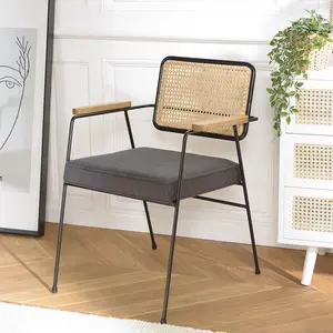 MACABANE Albane - fauteuil métal noir assise tissu gris foncé dossier rotinVendu parnature-et-decouvertes