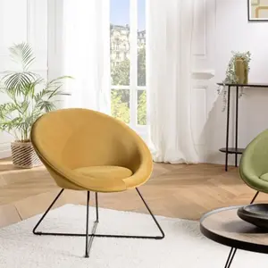 MACABANE Albane - fauteuil tissu velours jaune moutarde pieds croisés métal noir pas cher