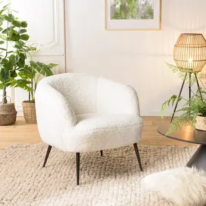 Comparateur de prix : MACABANE ALBANE - Fauteuil cosy tissu bouclette blanc pieds métal noir