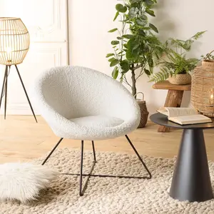 Comparateur de prix : MACABANE Agathe - fauteuil tissu bouclette blanc pieds croisés métal noir