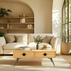 Comparateur de prix : MACABANE Haby - table basse 2 tiroirs pin couleur naturelle pieds métal vert