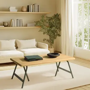 MACABANE Haby - table basse plateau en pin et pieds tréteaux en métal vert pas cher