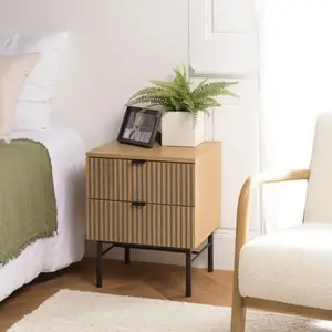 Comparateur de prix : MACABANE SCOTT - Chevet 2 tiroirs décor effet bois rainuré noir et naturel